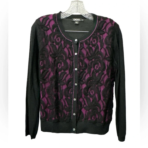 DKNY Black Silk Cardigan Purple Lace Inlay Front Button Up Size Medium - Picture 1 of 6